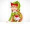 Cute girl Santa elf with gift hold big white banner