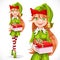 Cute girl Santa elf give a gift isolated on a white