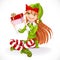 Cute girl Santa elf sit on floor hold gift
