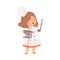 Cute Girl with Saucepan and Ladle, Cute Little Chef Character in Uniform Cooking in the Kitchen Cartoon Style Vector