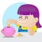 cute girl saving money, child put coins into jar.