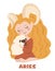 Cute girl with a sheep. Aries zodiac sign concept for horoscope. Beautiful vector illustration.