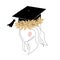 Cute girl silhouette in graduation cap decorated with doodle laurel wreath. Happy graduate student. Continuous line