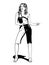 Cute Girl Singing and Dancing Disco. Vector Ink Style Outline Drawing.