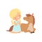 Cute Girl Sitting Next to Lying Foal, Kid Interacting with Animal in Contact Zoo Cartoon Vector Illustration