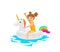 Cute girl sitting on swimming floating inflatable ring in shape of unicorn