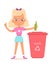 Cute girl sorting glass in trash bin vector illustration. Cartoon child character holding bottle, throwing garbage in