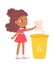 Cute girl sorting paper in trash bin, child holding crumpled paper, throwing garbage