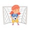 Cute Girl in Sports Shirt and Shorts Playing Football Standing Between Goalposts Holding Ball Vector Illustration