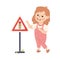 Cute Girl Standing Near Minimum Speed Traffic Sign on Pole Learning Rules of Road Vector Illustration