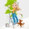 Cute girl standing on a stepladder with a paint roller and frightened dog playful