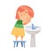 Cute Girl Standing on Stool Near Wash Stand Washing Her Face Engaged in Personal Hygiene Vector Illustration