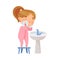 Cute Girl Standing on Stool Near Wash Stand Washing Her Face with Soap Engaged in Personal Hygiene Vector Illustration