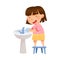 Cute Girl Standing on Stool Near Wash Stand Washing Her Hands with Soap Engaged in Personal Hygiene Vector Illustration