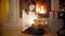 Cute girl in sweater opening magical Christmas gift box. Light and sparkles flying out of the box