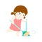 Cute girl sweeping the dust on a white background .