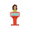 Cute girl taking part at quiz show, young player answering questions standing at stand with button vector Illustration