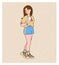 Cute girl taking selfie photo on smart phone. Teenager in fashionable clothes holding a smartphone. Drawing in flat style.