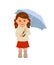 Cute girl under an umbrella. character of a young woman in a red skirt and a beige jacket under an umbrella.