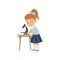 Cute girl using microscope at lesson, pupil in school uniform studying at school vector Illustration on a white