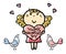 A cute girl with a valentine heart standing with birds