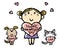 A cute girl with a valentine heart standing with cat and dog