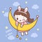 Cute girl vector bunny ears catch star on moon with cloud sweet dream cartoon