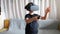Cute girl in virtual reality googles at home, remote education experiment, future today