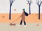 Cute girl walking alone with dog in park at autumn.Fall  soothing landscape. Colorful vector illustration in flat style