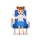 Cute girl watching movie and eating popcorn flat vector illustration isolated.