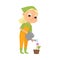 Cute Girl Watering Flower in Flowerpot, Little Kid Farmer Character in Overalls Working in Garden Cartoon Style Vector