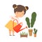 Cute Girl Watering Houseplants, Kids Hobby or Creative Activity Cartoon Vector Illustration