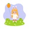 Cute girl wearing rabbit head band and holding carrot shape balloon. Easter clip art
