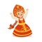 Cute girl wearing red sarafan and kokoshnik, national costume of Russia colorful character vector Illustration