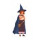 Cute girl wearing witch hat and cloak. Smiling child in costume for Halloween. Portrait of wizard, sorcerer putting on