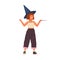 Cute girl wearing witch hat and holding magic wand. Young female wizard. Portrait of funny teenage magician with red