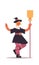 Cute girl wearing witch scarecrow costume woman standing with broom happy halloween party celebration concept