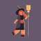 Cute girl wearing witch scarecrow costume woman standing with broom happy halloween party celebration concept flat full