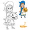 Cute girl in witch costume holding a large pumpkin carved with a grin color and outlined
