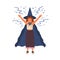 Cute girl in witch hat and cloak conjures. Young female wizard or sorcerer casts spell with raised hands. Young magician