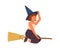 Cute girl in witch hat flying on broomstick. Happy female wizard or sorcerer sitting on magic broom. Young magician with