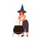 Cute girl in witch hat stirring potion in pot. Female wizard preparing magical potion. Young happy magician with red