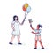 Cute girls with bunch or air balloons and colorful weather vane toy cheerful and happy