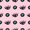 Cute girly seamless pattern drawn by hand. Repetitive print with doodle eyes and hearts.