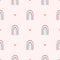 Cute girly seamless pattern with repeating heart and rainbow drawn by hand.