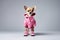 Cute glamorous purebred Chihuahua dog dressed in stylish pink jacket and cute boots on a clean light background