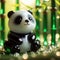 Cute glass panda figurine with bamboo and bokeh background.
