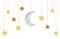 Cute glitter gold and silver moon and stars hanging on strings