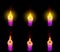 Cute glowing thin purple paraffin candle isolated render on black with and without highlight - festive concept, 3D illustration of