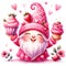 Cute Gnome Cupcake Strawberry Valentine\\\'s Day Clipart Illustration AI Generative